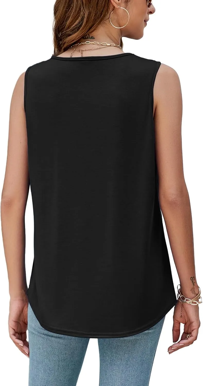 AGSEEM Summer Tank Tops for Women Loose Fit Pleated Square Neck Sleeveless Tops Curved Hem Flowy