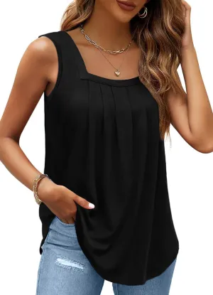 AGSEEM Summer Tank Tops for Women Loose Fit Pleated Square Neck Sleeveless Tops Curved Hem Flowy