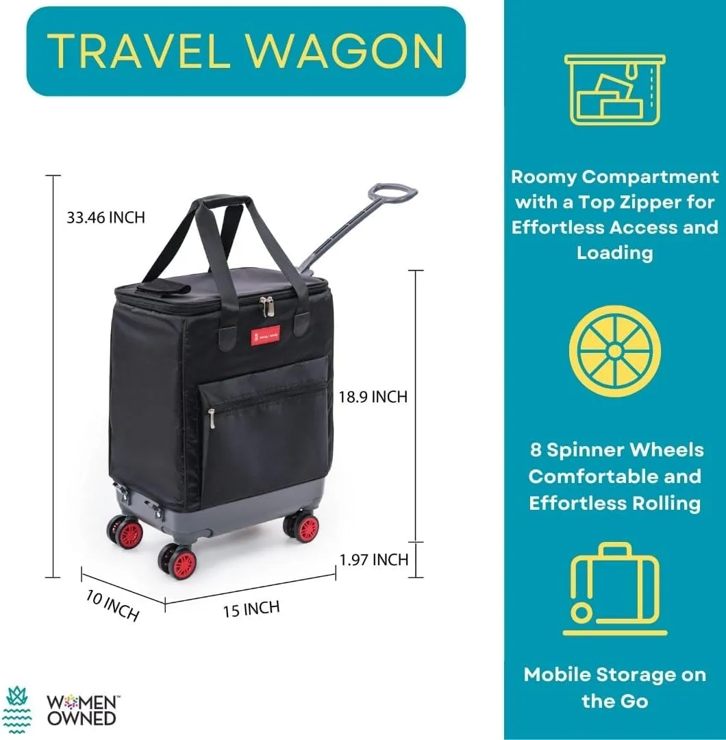 All-Purpose Roller Bag  Foldable Top-Opening Tote on Wheels with Zipper Closure, 8 Spinner Wheels, Lightweight & Durable  Travel, Groceries, Laundry, Work, Everyday Hauling - Patent- Red