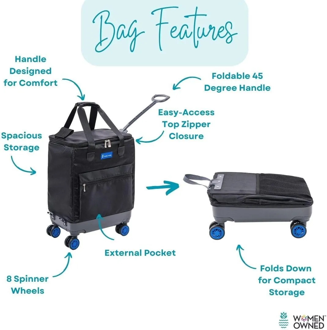 All-Purpose Roller Bag  Foldable Top-Opening Tote on Wheels with Zipper Closure, 8 Spinner Wheels, Lightweight  Travel, Groceries, Laundry, Work, Everyday Hauling - Patent - Blue