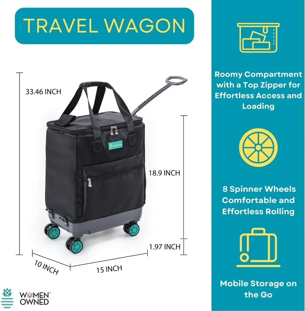 All-Purpose Roller Bag  Foldable Top-Opening Tote on Wheels with Zipper Closure, 8 Spinner Wheels, Lightweight  Travel, Groceries, Laundry, Work, Everyday Hauling - Patent-Green