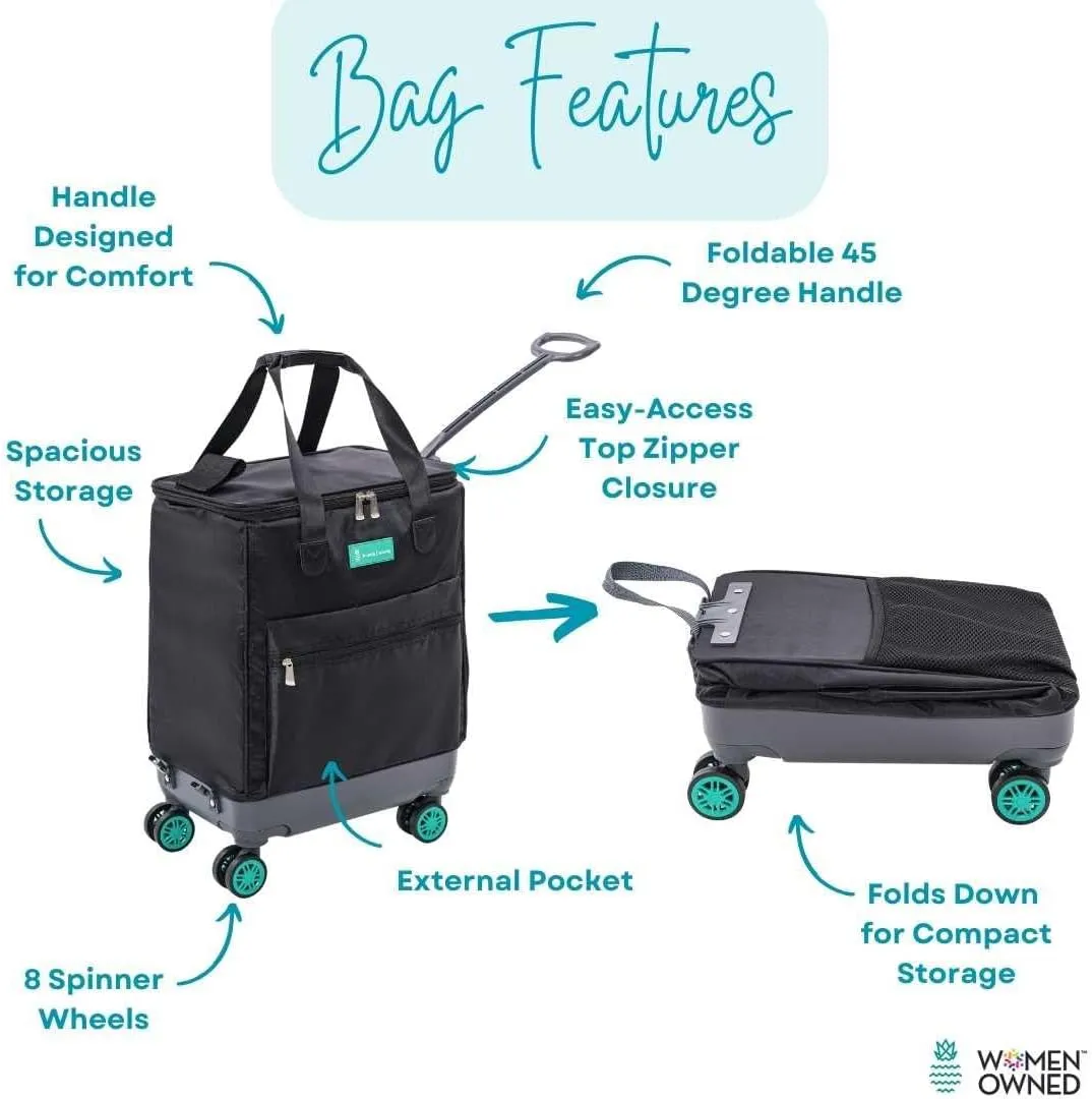 All-Purpose Roller Bag  Foldable Top-Opening Tote on Wheels with Zipper Closure, 8 Spinner Wheels, Lightweight  Travel, Groceries, Laundry, Work, Everyday Hauling - Patent-Green