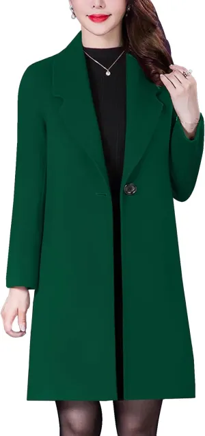 Aprsfn Women's Winter Wool Coats Long Sleeve One Buttoned Pea Coats Notched Lapel Jackets Mid-Length Windproof Overcoat