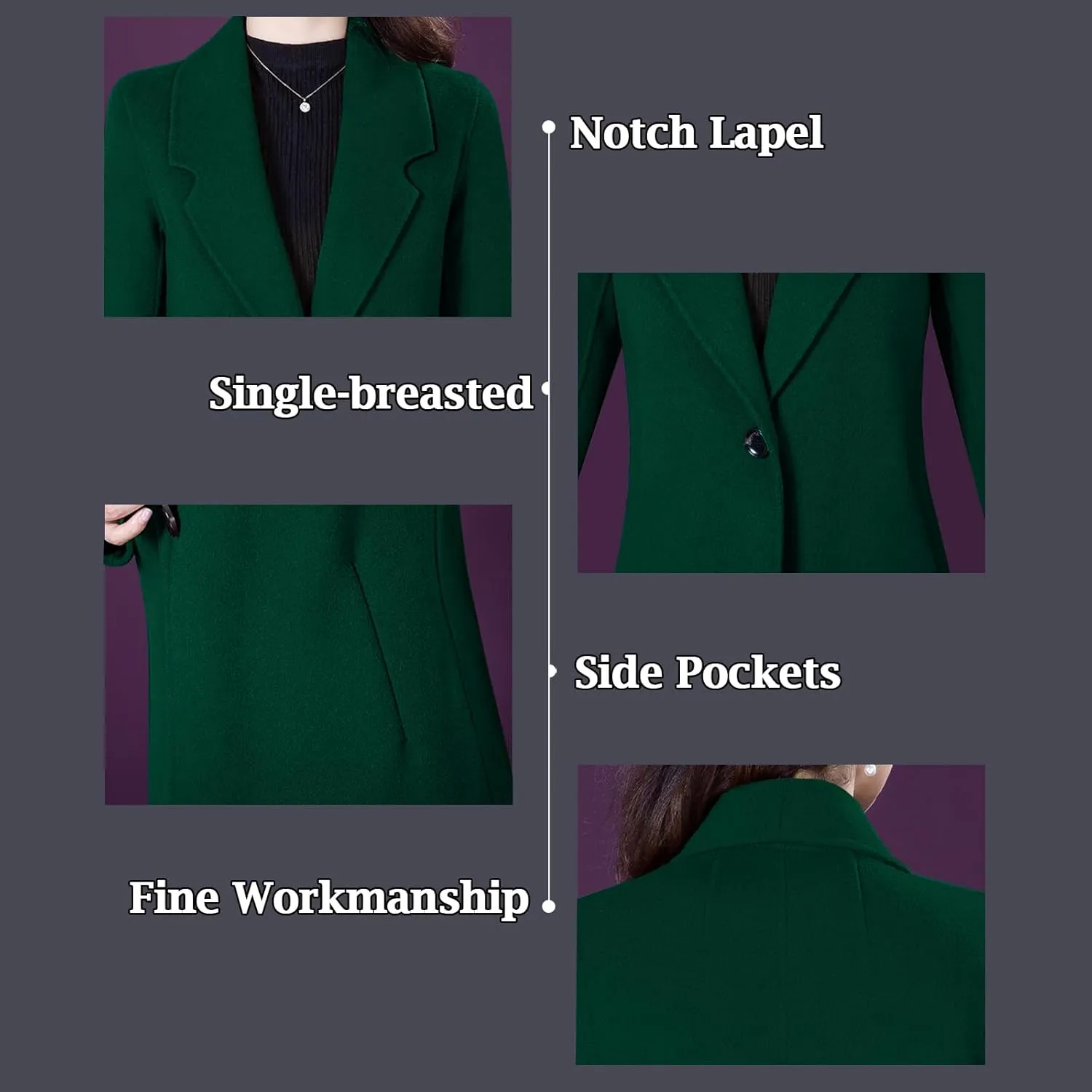 Aprsfn Women's Winter Wool Coats Long Sleeve One Buttoned Pea Coats Notched Lapel Jackets Mid-Length Windproof Overcoat