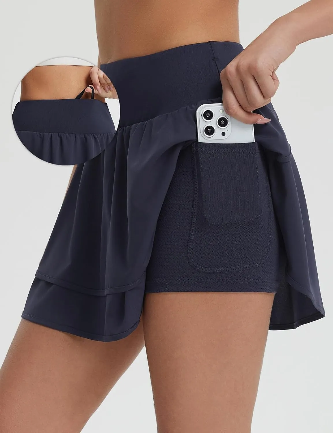 baleaf Women's Tennis Skirts 14" Golf Skorts with Pockets Double Ruffle High Waisted Athletic Skirt with Liner Shorts
