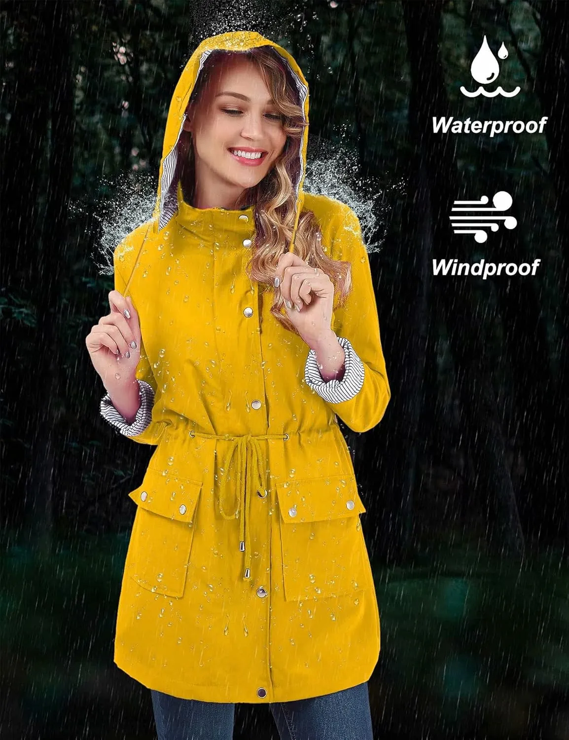 BBX Lephsnt Rain Coats for Women Waterproof Rain Jacket Lightweight Windbreaker Outdoor Hooded Trench Coat