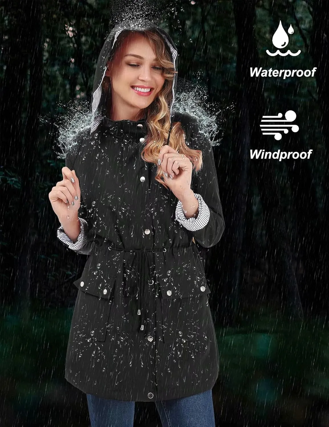 BBX Lephsnt Rain Coats for Women Waterproof Rain Jacket Lightweight Windbreaker Outdoor Hooded Trench Coat