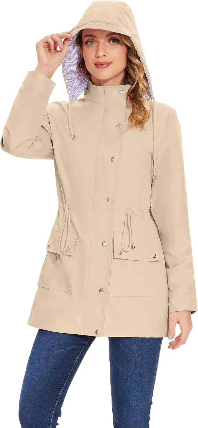BBX Lephsnt Rain Coats for Women Waterproof Rain Jacket Lightweight Windbreaker Outdoor Hooded Trench Coat