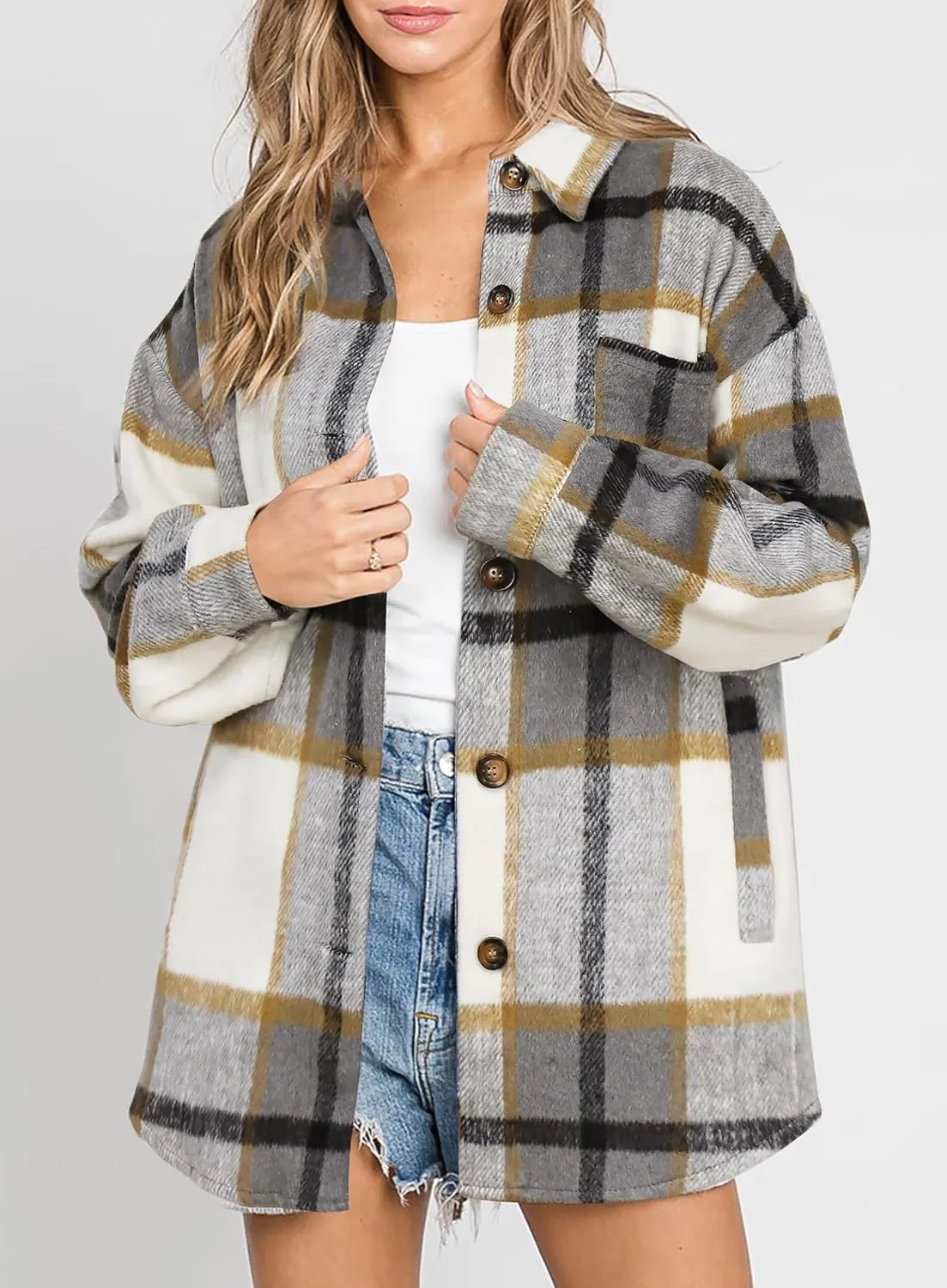 Beaully Women's 2024 Fall Clothes Plaid Shacket Jacket Long Sleeve Button Down Flannel Shirts Fashion Jacket