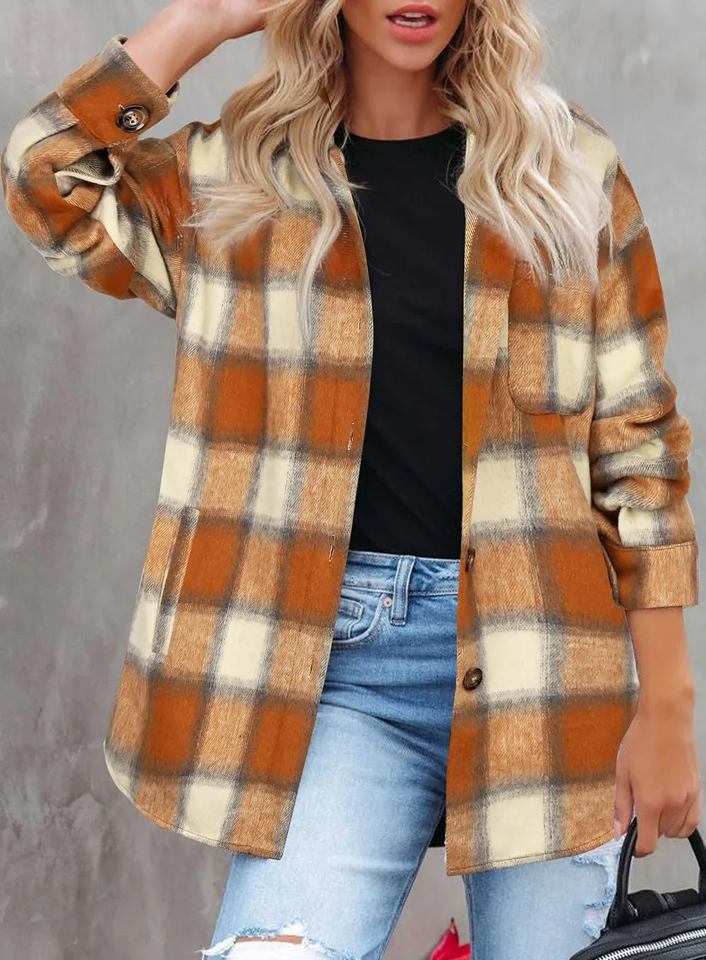 Beaully Women's 2024 Fall Clothes Plaid Shacket Jacket Long Sleeve Button Down Flannel Shirts Fashion Jacket