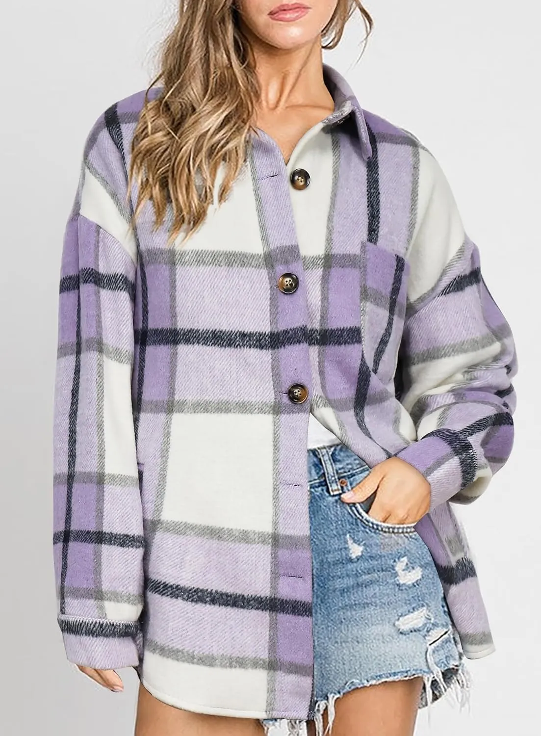 Beaully Women's 2024 Fall Clothes Plaid Shacket Jacket Long Sleeve Button Down Flannel Shirts Fashion Jacket
