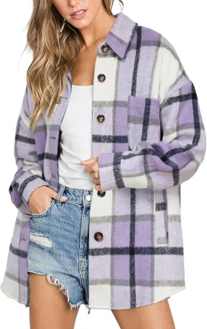 Beaully Women's 2024 Fall Clothes Plaid Shacket Jacket Long Sleeve Button Down Flannel Shirts Fashion Jacket