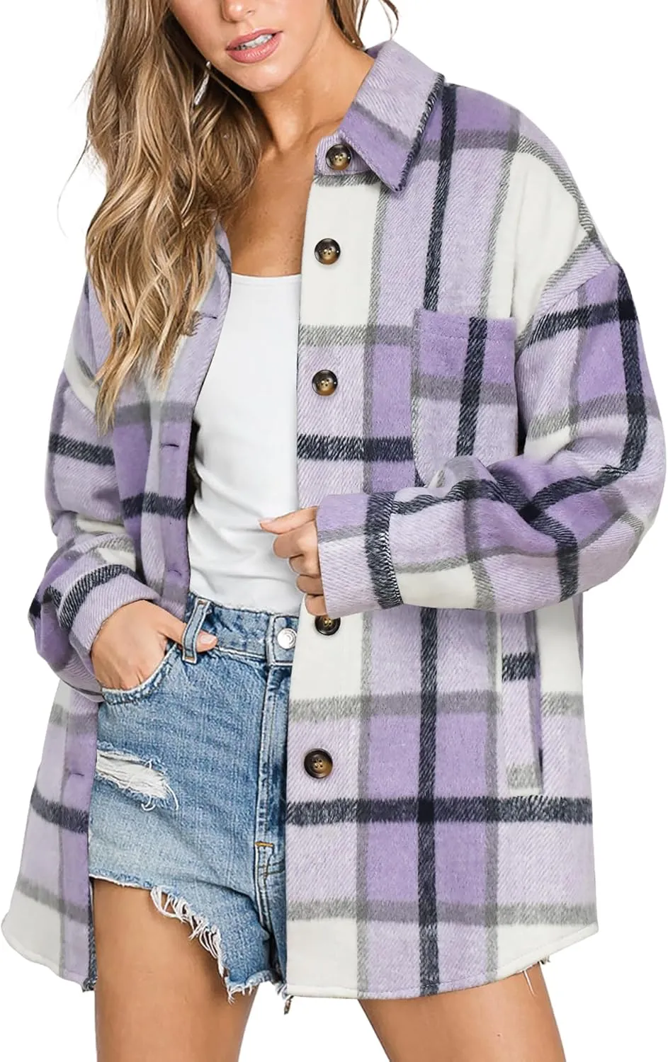 Beaully Women's 2024 Fall Clothes Plaid Shacket Jacket Long Sleeve Button Down Flannel Shirts Fashion Jacket