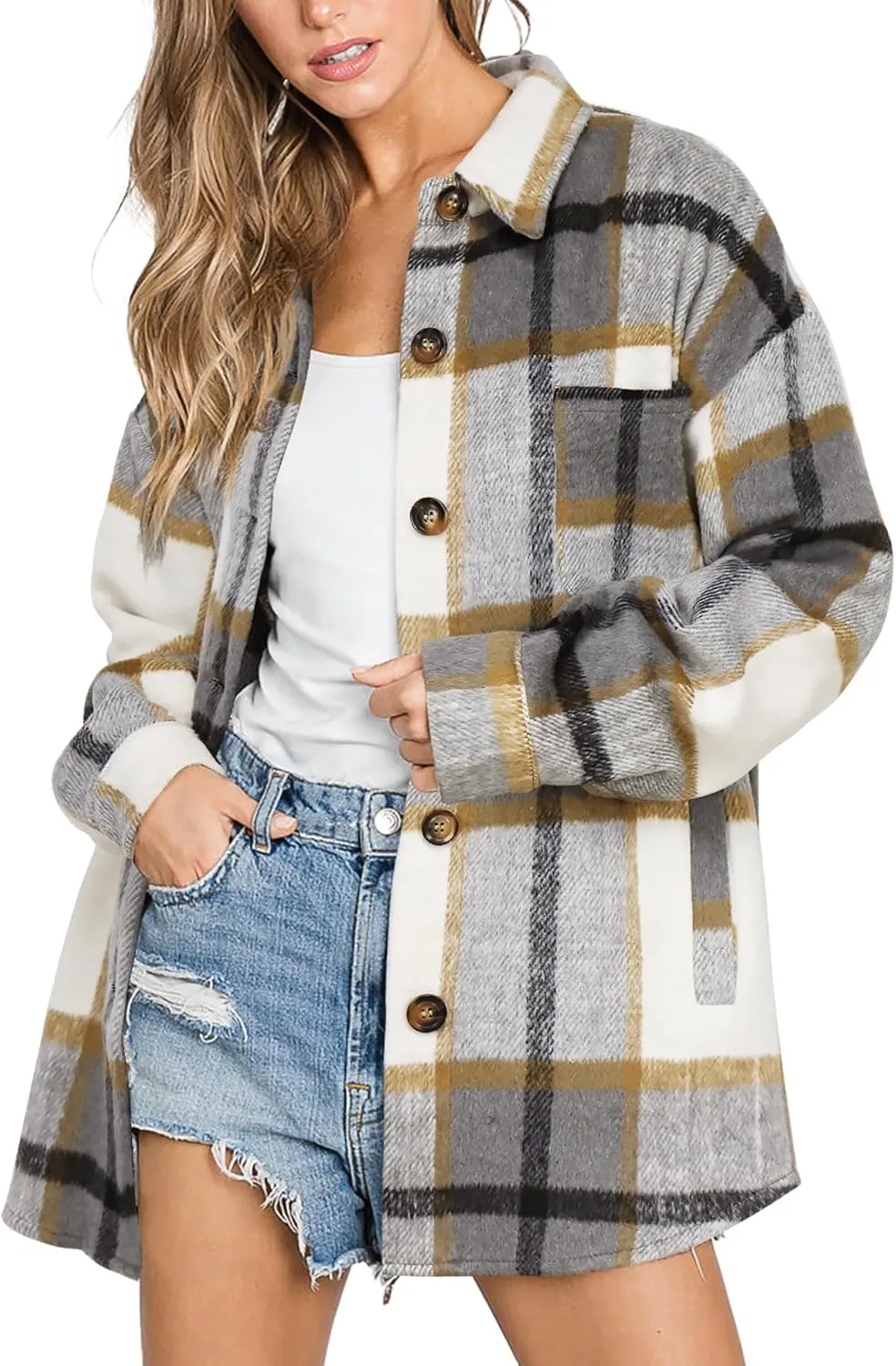 Beaully Women's 2024 Fall Clothes Plaid Shacket Jacket Long Sleeve Button Down Flannel Shirts Fashion Jacket