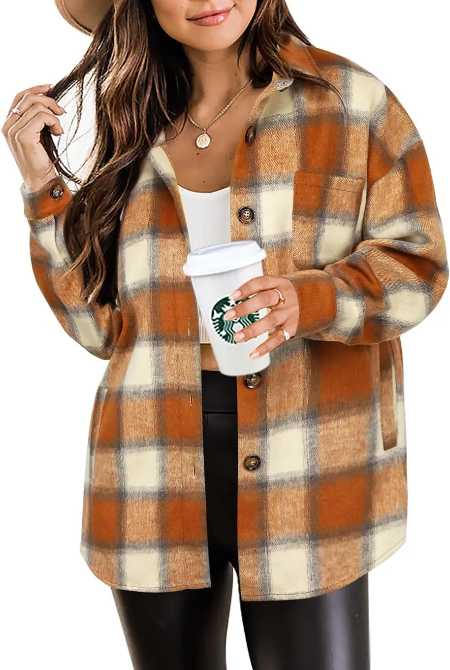 Beaully Women's 2024 Fall Clothes Plaid Shacket Jacket Long Sleeve Button Down Flannel Shirts Fashion Jacket