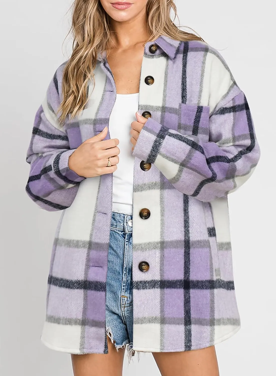 Beaully Women's 2024 Fall Clothes Plaid Shacket Jacket Long Sleeve Button Down Flannel Shirts Fashion Jacket