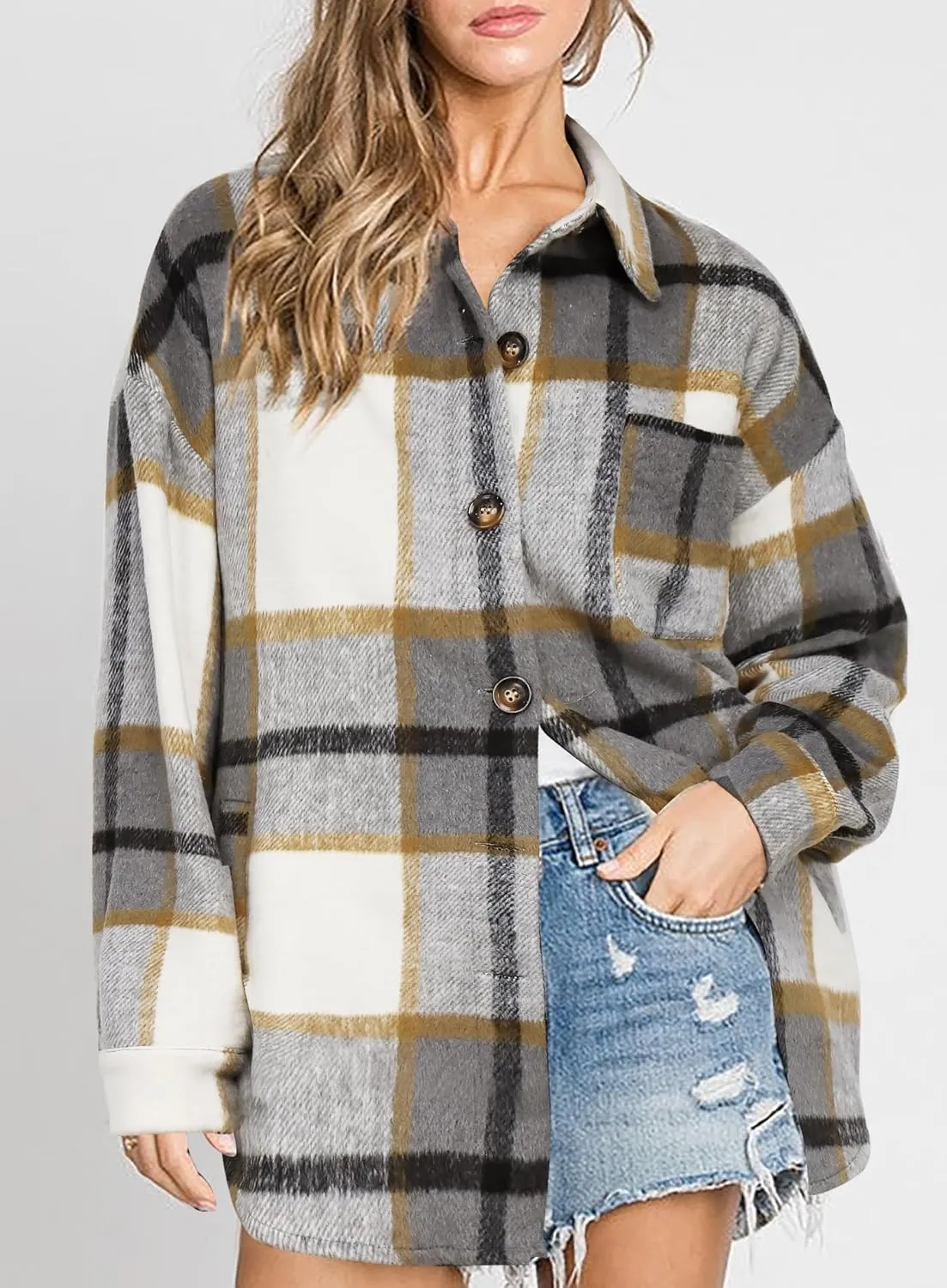 Beaully Women's 2024 Fall Clothes Plaid Shacket Jacket Long Sleeve Button Down Flannel Shirts Fashion Jacket