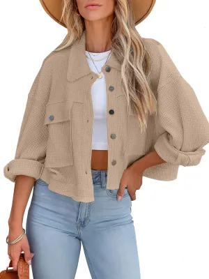 BZB Womens Waffle Knit Shacket Jackets Lightweight Cropped Shacket Long Sleeve Button Down Shirts