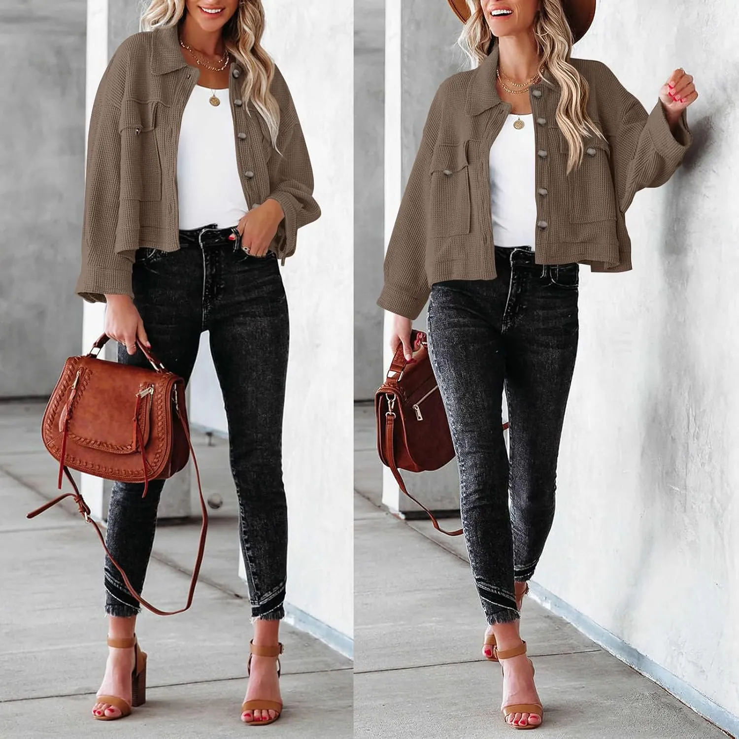 BZB Womens Waffle Knit Shacket Jackets Lightweight Cropped Shacket Long Sleeve Button Down Shirts
