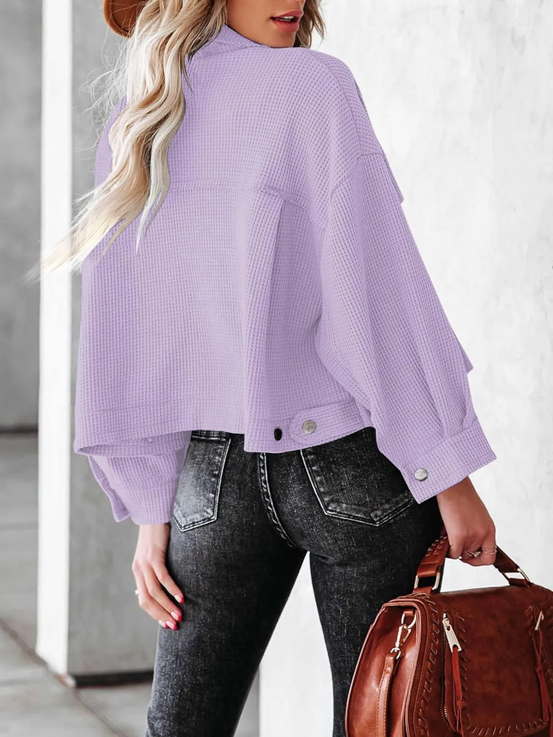 BZB Womens Waffle Knit Shacket Jackets Lightweight Cropped Shacket Long Sleeve Button Down Shirts