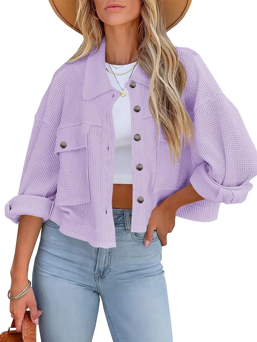 BZB Womens Waffle Knit Shacket Jackets Lightweight Cropped Shacket Long Sleeve Button Down Shirts