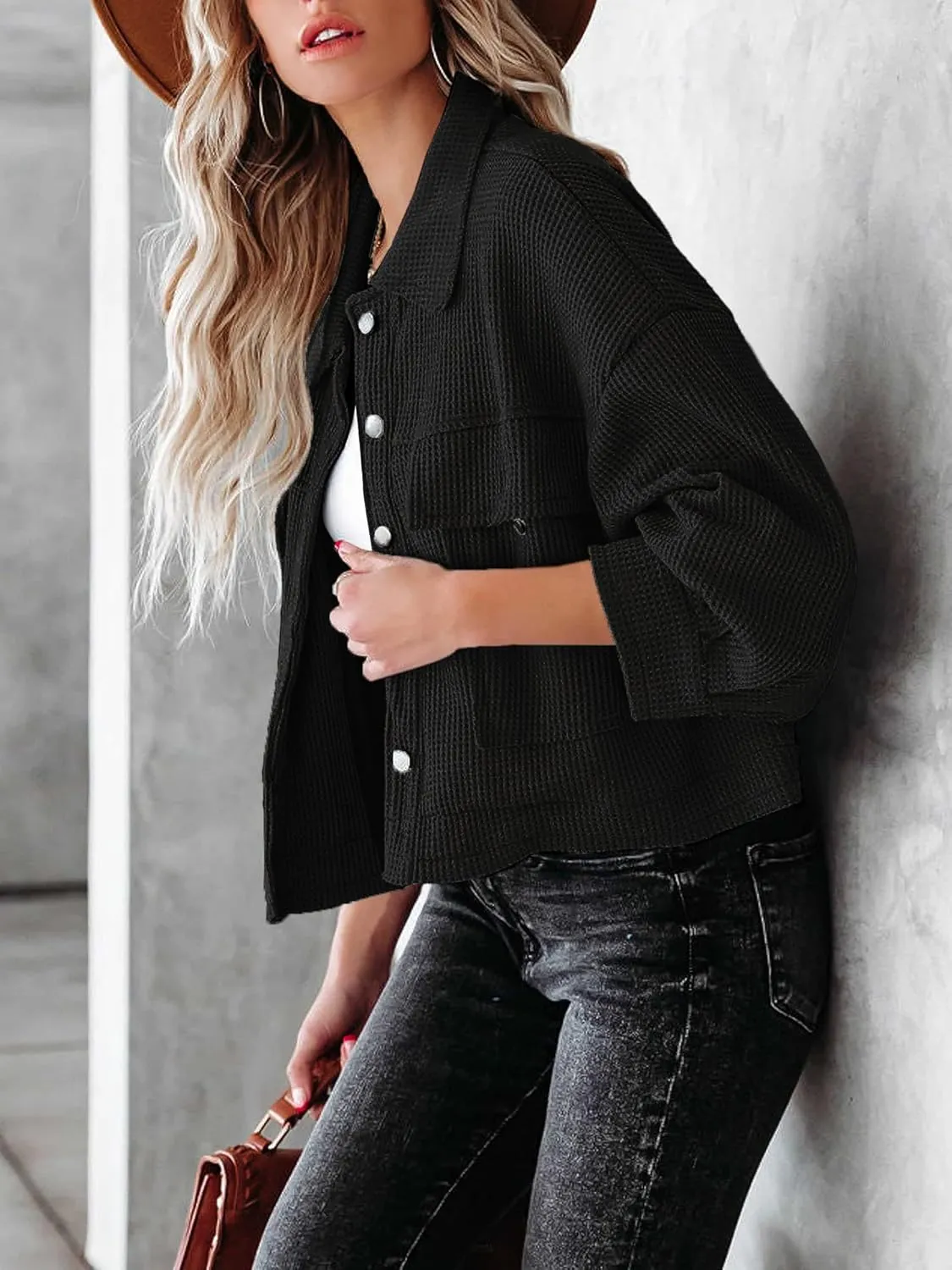 BZB Womens Waffle Knit Shacket Jackets Lightweight Cropped Shacket Long Sleeve Button Down Shirts