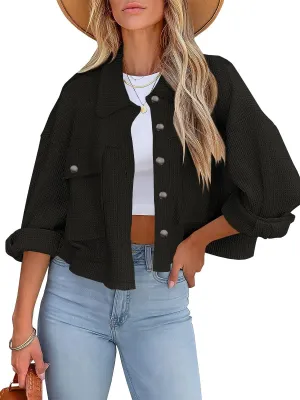 BZB Womens Waffle Knit Shacket Jackets Lightweight Cropped Shacket Long Sleeve Button Down Shirts