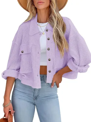 BZB Womens Waffle Knit Shacket Jackets Lightweight Cropped Shacket Long Sleeve Button Down Shirts