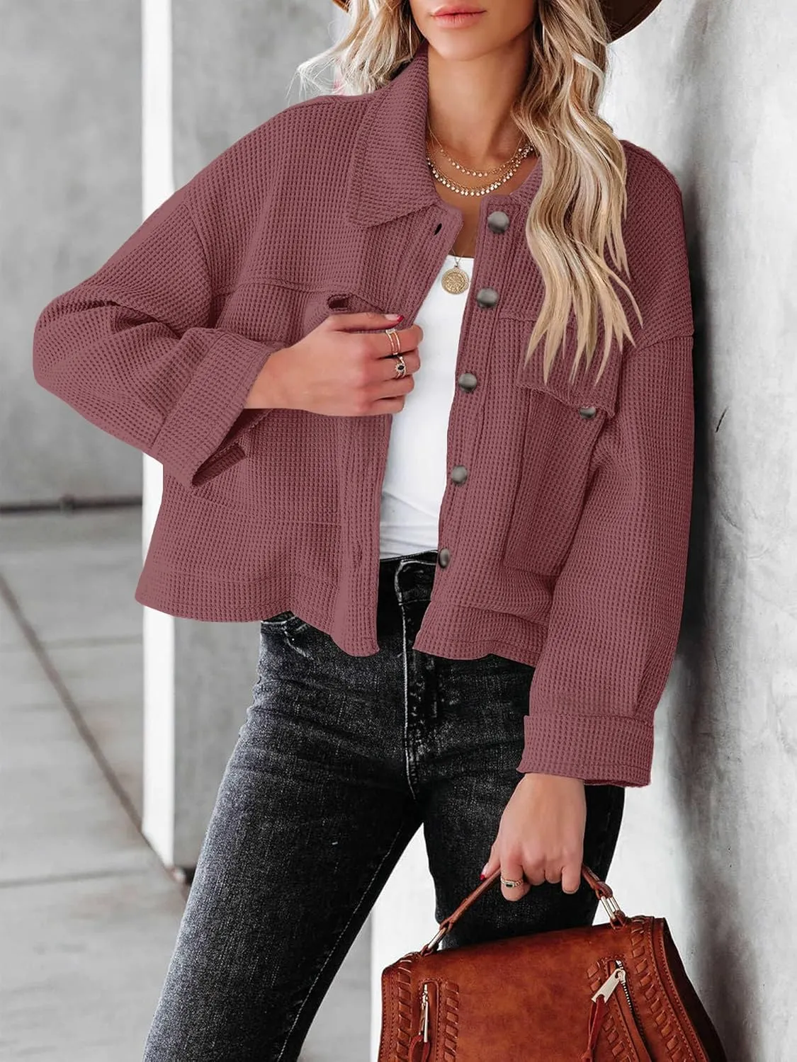 BZB Womens Waffle Knit Shacket Jackets Lightweight Cropped Shacket Long Sleeve Button Down Shirts