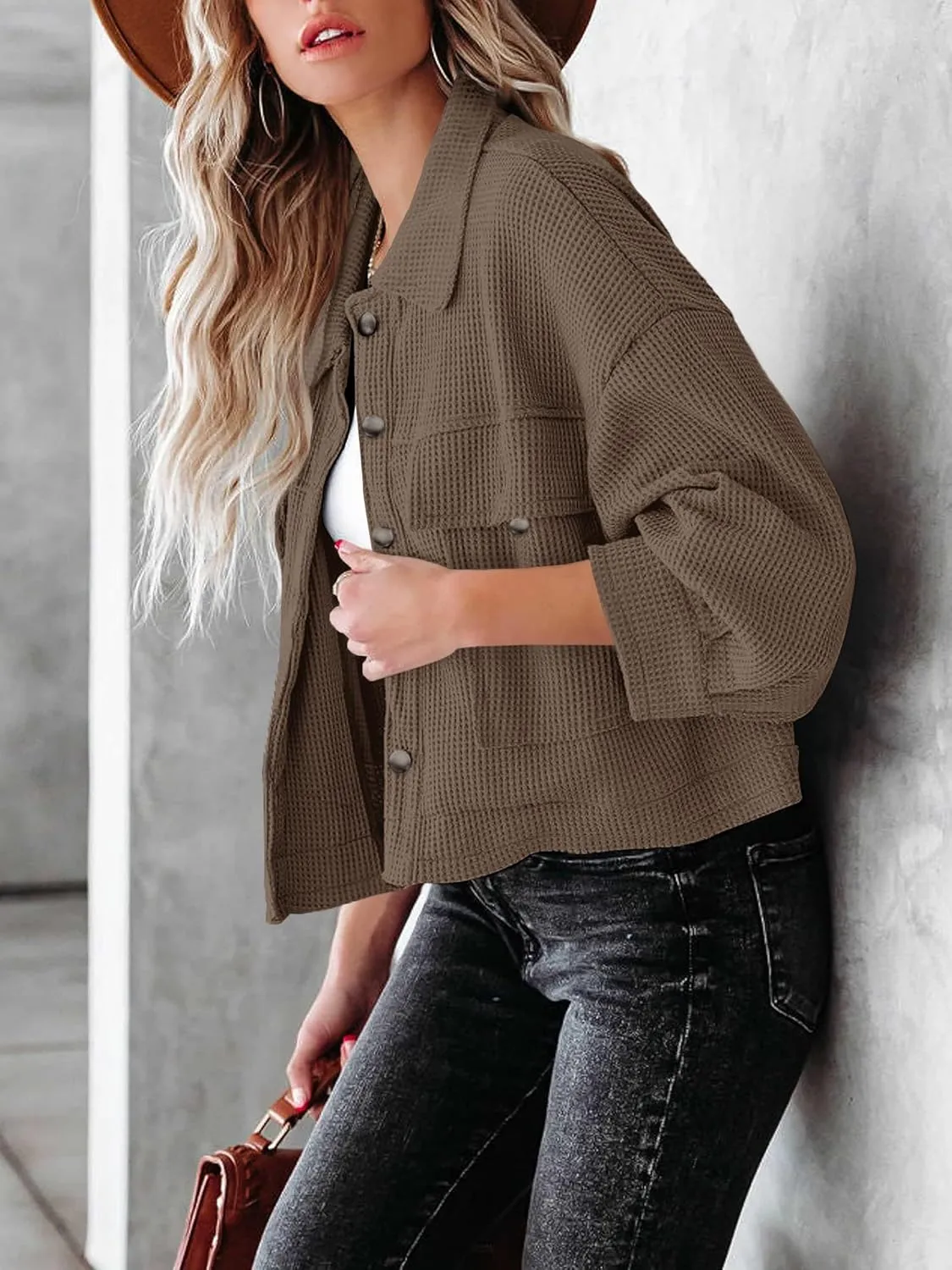 BZB Womens Waffle Knit Shacket Jackets Lightweight Cropped Shacket Long Sleeve Button Down Shirts