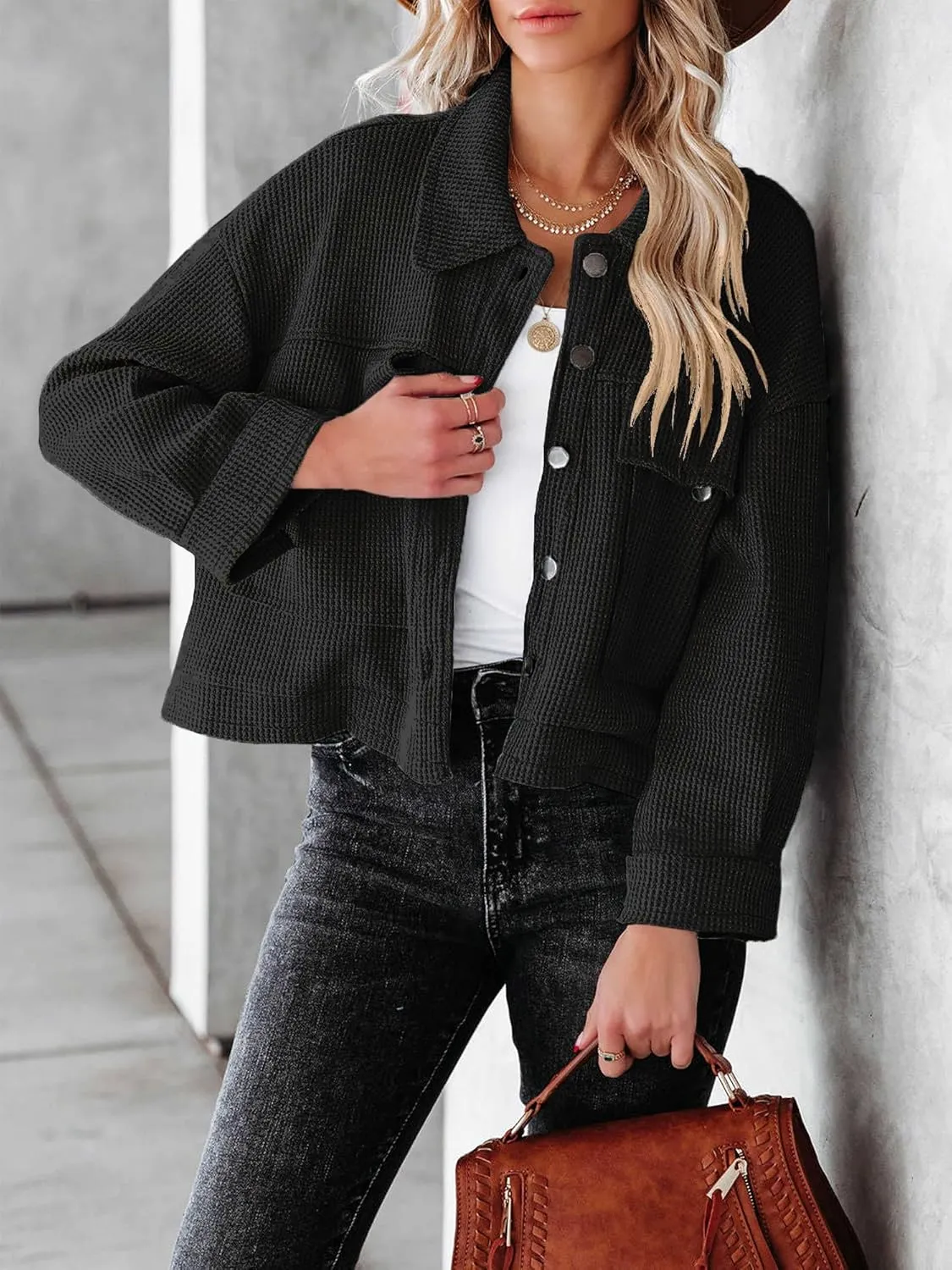 BZB Womens Waffle Knit Shacket Jackets Lightweight Cropped Shacket Long Sleeve Button Down Shirts