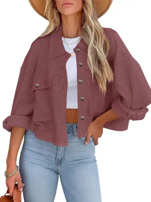 BZB Womens Waffle Knit Shacket Jackets Lightweight Cropped Shacket Long Sleeve Button Down Shirts