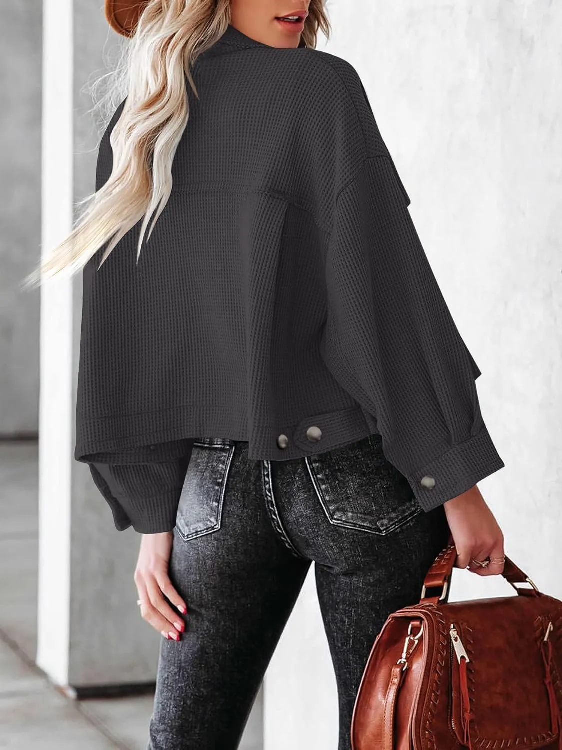 BZB Womens Waffle Knit Shacket Jackets Lightweight Cropped Shacket Long Sleeve Button Down Shirts