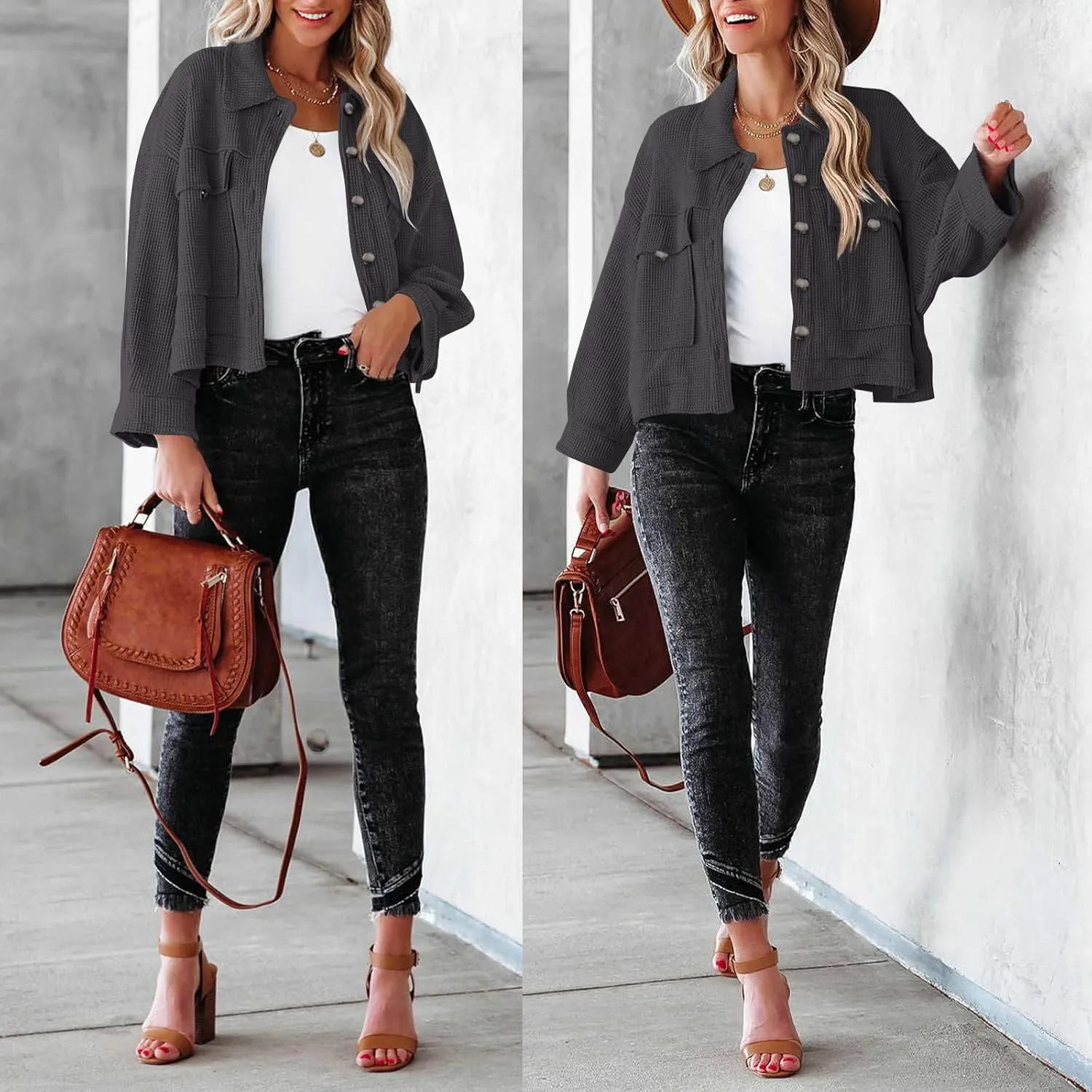 BZB Womens Waffle Knit Shacket Jackets Lightweight Cropped Shacket Long Sleeve Button Down Shirts