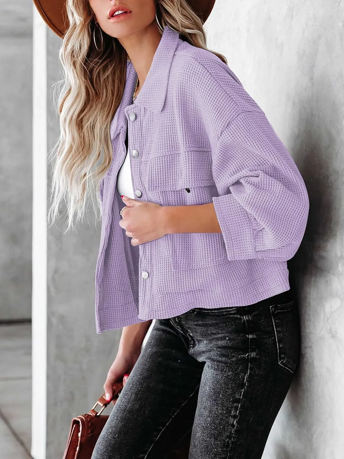BZB Womens Waffle Knit Shacket Jackets Lightweight Cropped Shacket Long Sleeve Button Down Shirts