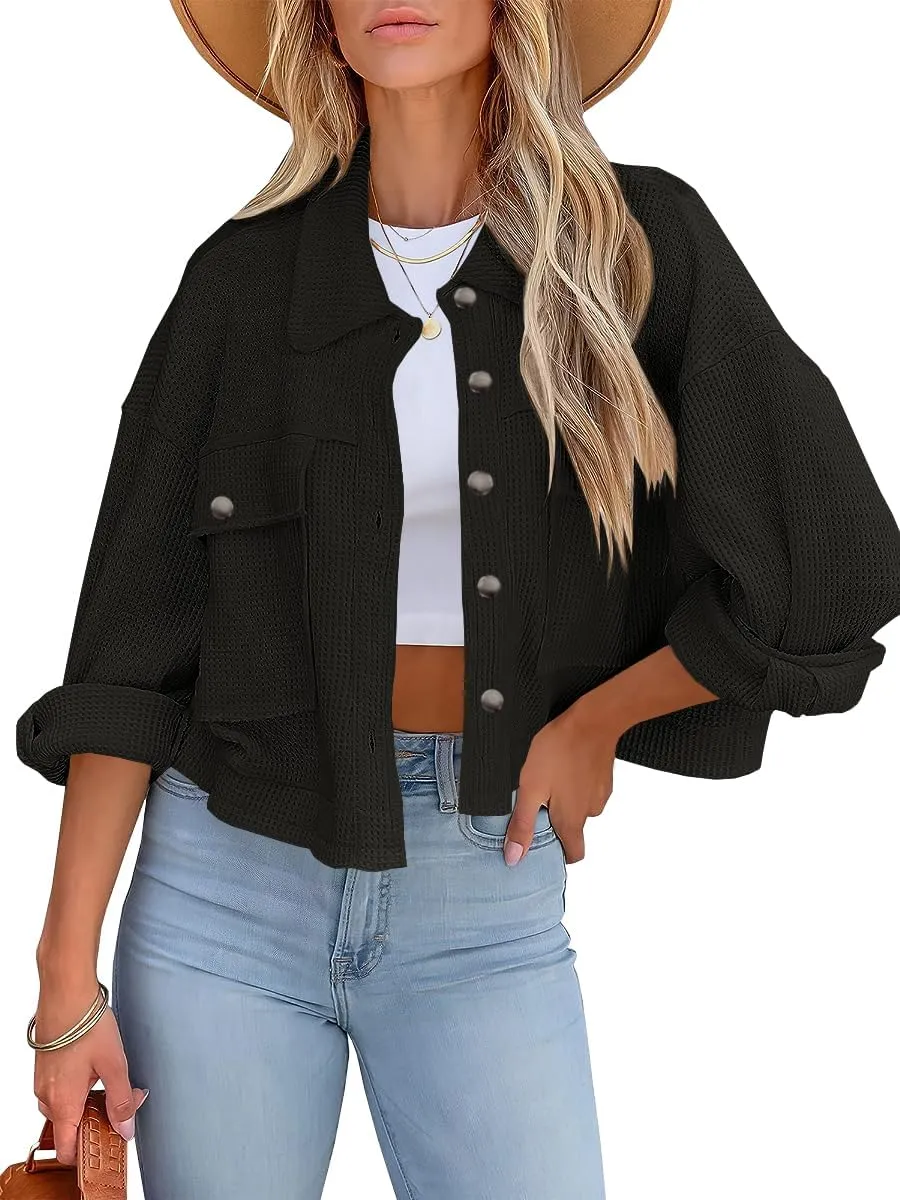 BZB Womens Waffle Knit Shacket Jackets Lightweight Cropped Shacket Long Sleeve Button Down Shirts