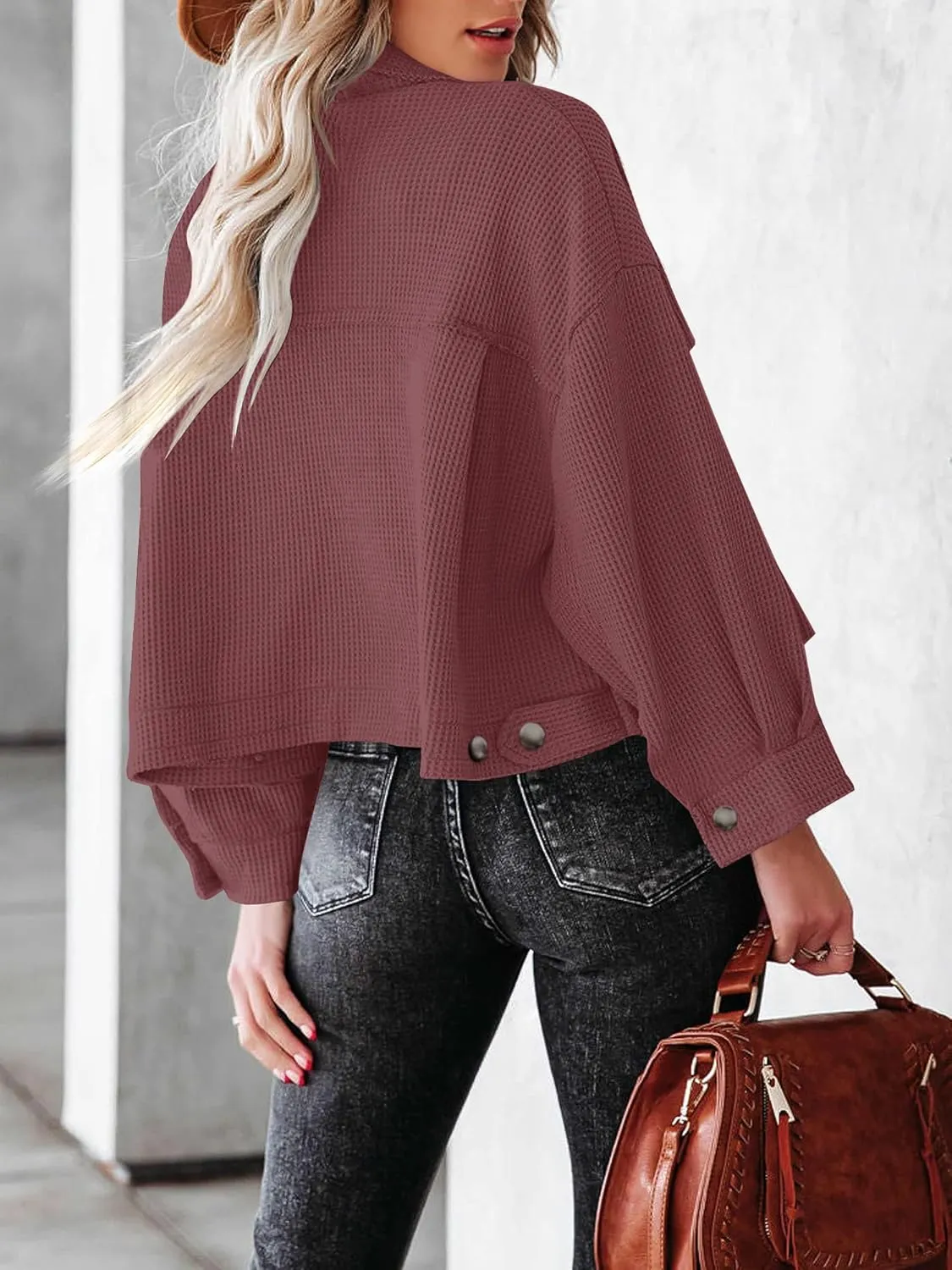 BZB Womens Waffle Knit Shacket Jackets Lightweight Cropped Shacket Long Sleeve Button Down Shirts