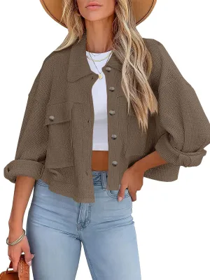 BZB Womens Waffle Knit Shacket Jackets Lightweight Cropped Shacket Long Sleeve Button Down Shirts