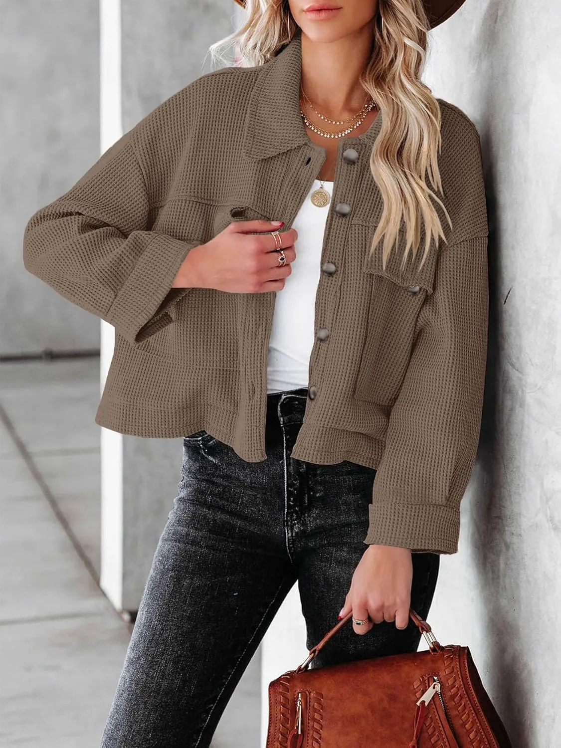 BZB Womens Waffle Knit Shacket Jackets Lightweight Cropped Shacket Long Sleeve Button Down Shirts