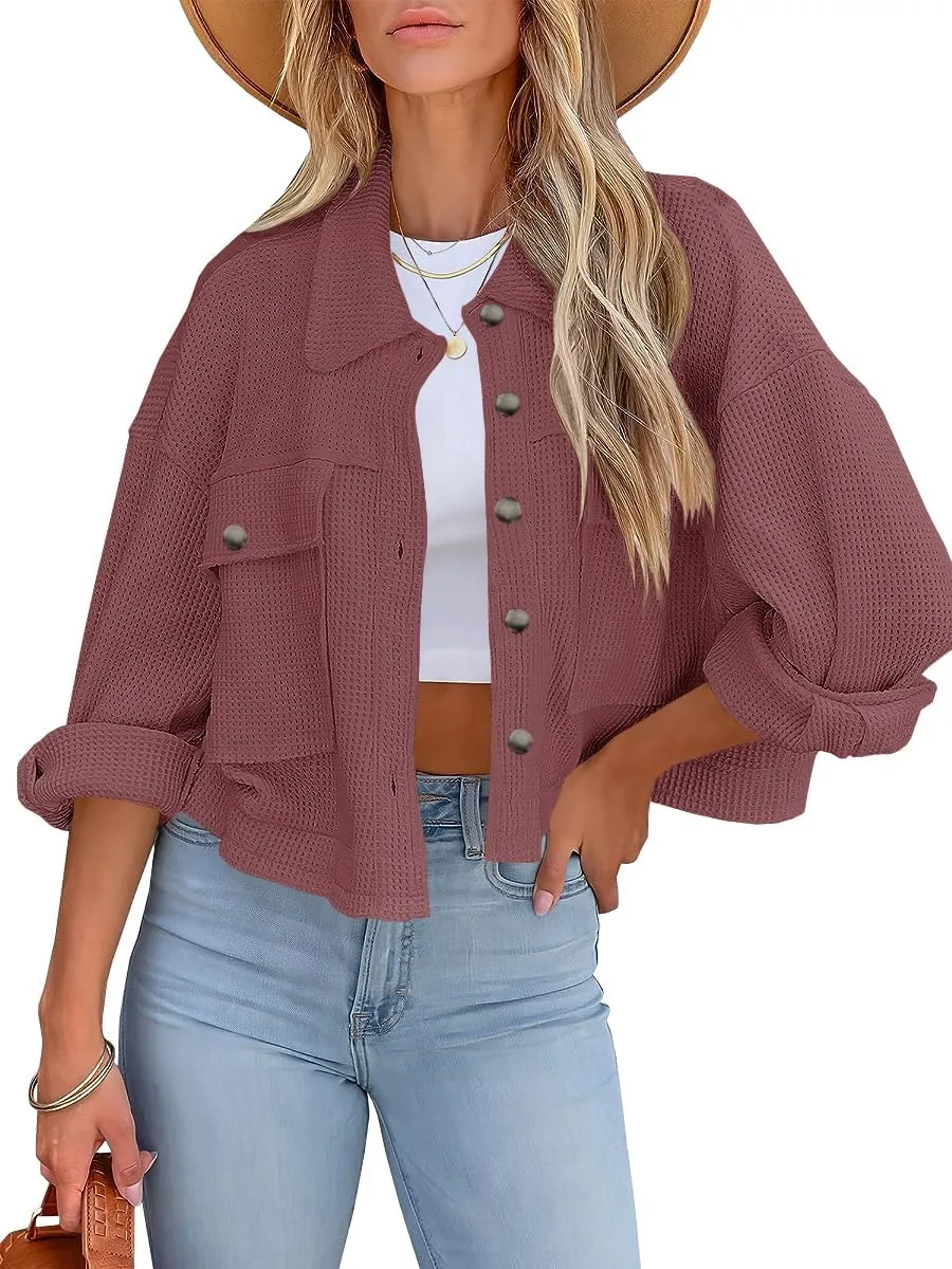 BZB Womens Waffle Knit Shacket Jackets Lightweight Cropped Shacket Long Sleeve Button Down Shirts