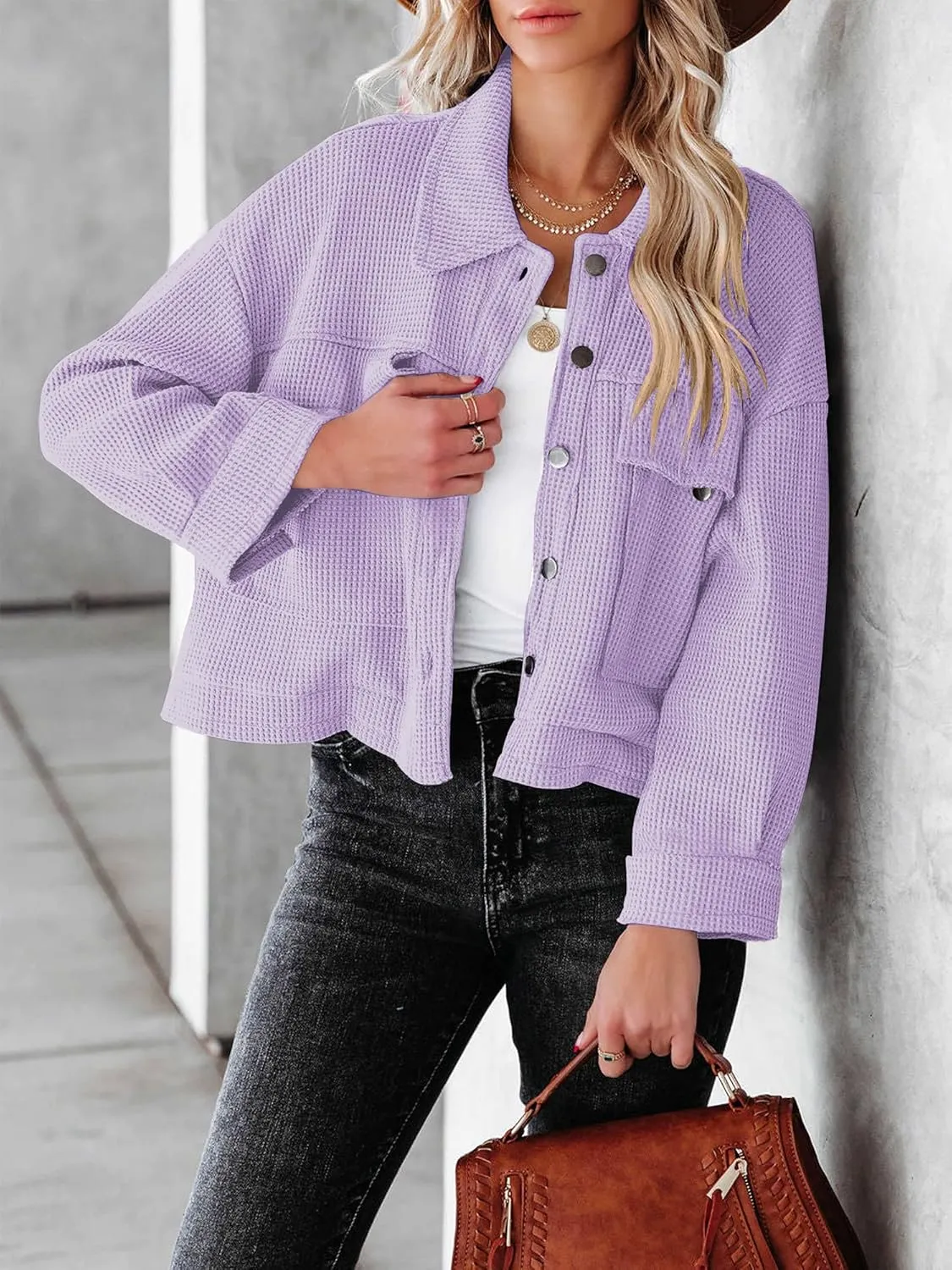 BZB Womens Waffle Knit Shacket Jackets Lightweight Cropped Shacket Long Sleeve Button Down Shirts