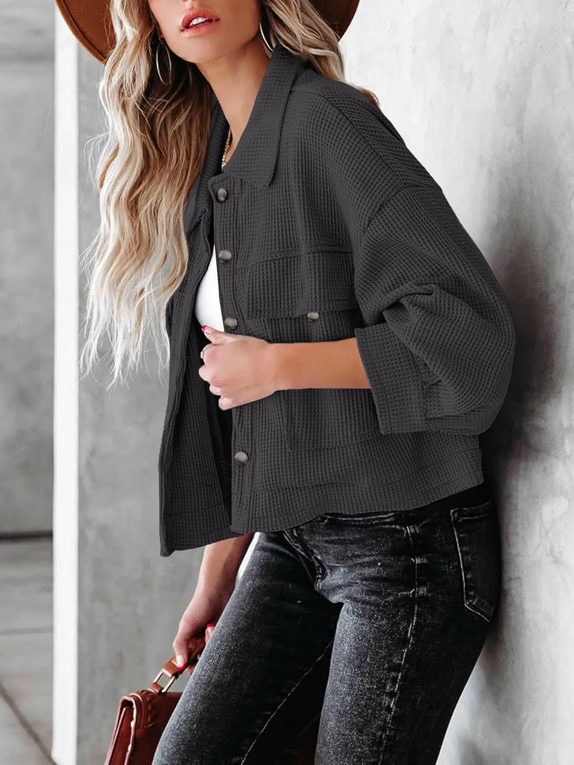 BZB Womens Waffle Knit Shacket Jackets Lightweight Cropped Shacket Long Sleeve Button Down Shirts