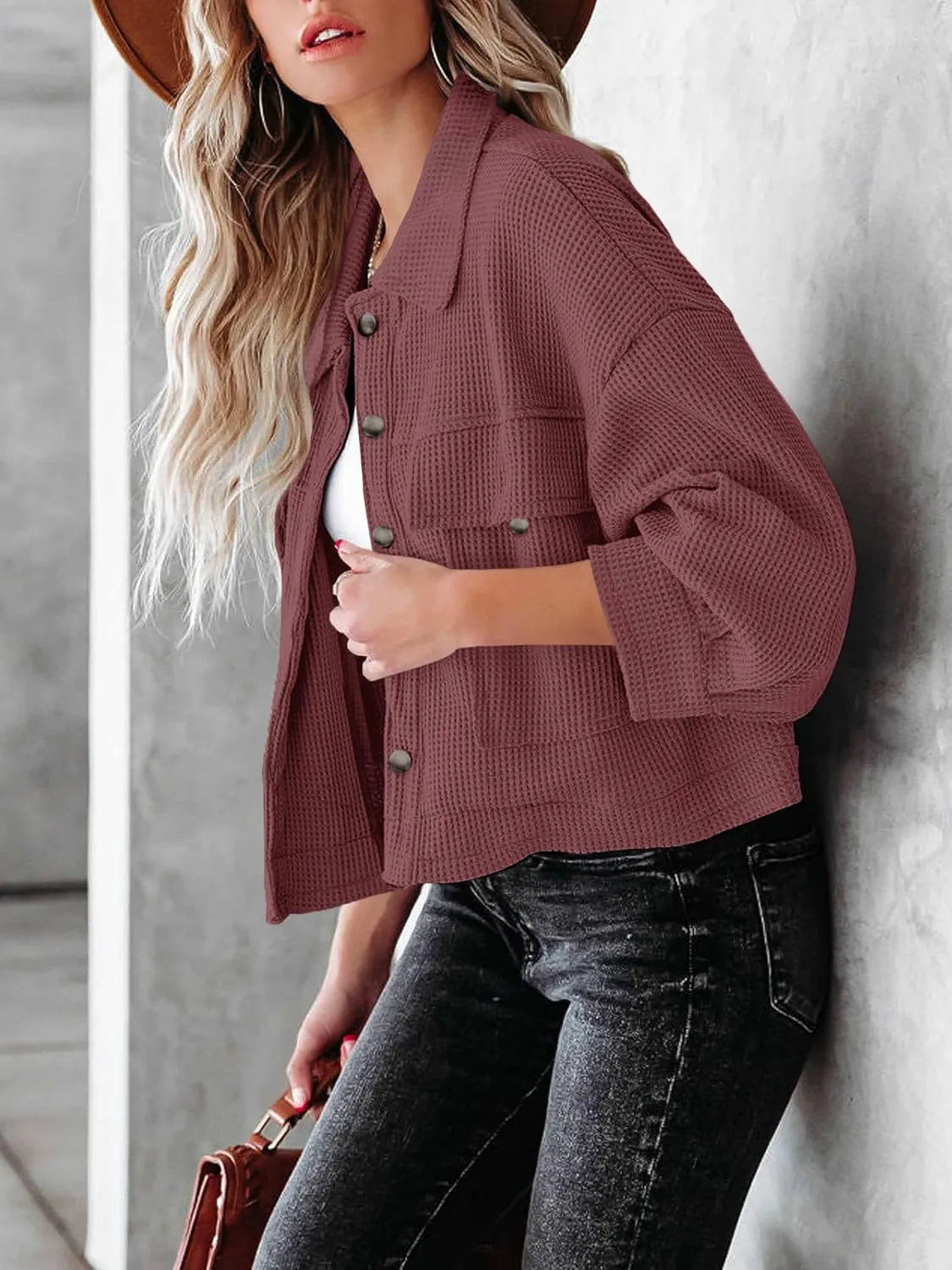 BZB Womens Waffle Knit Shacket Jackets Lightweight Cropped Shacket Long Sleeve Button Down Shirts