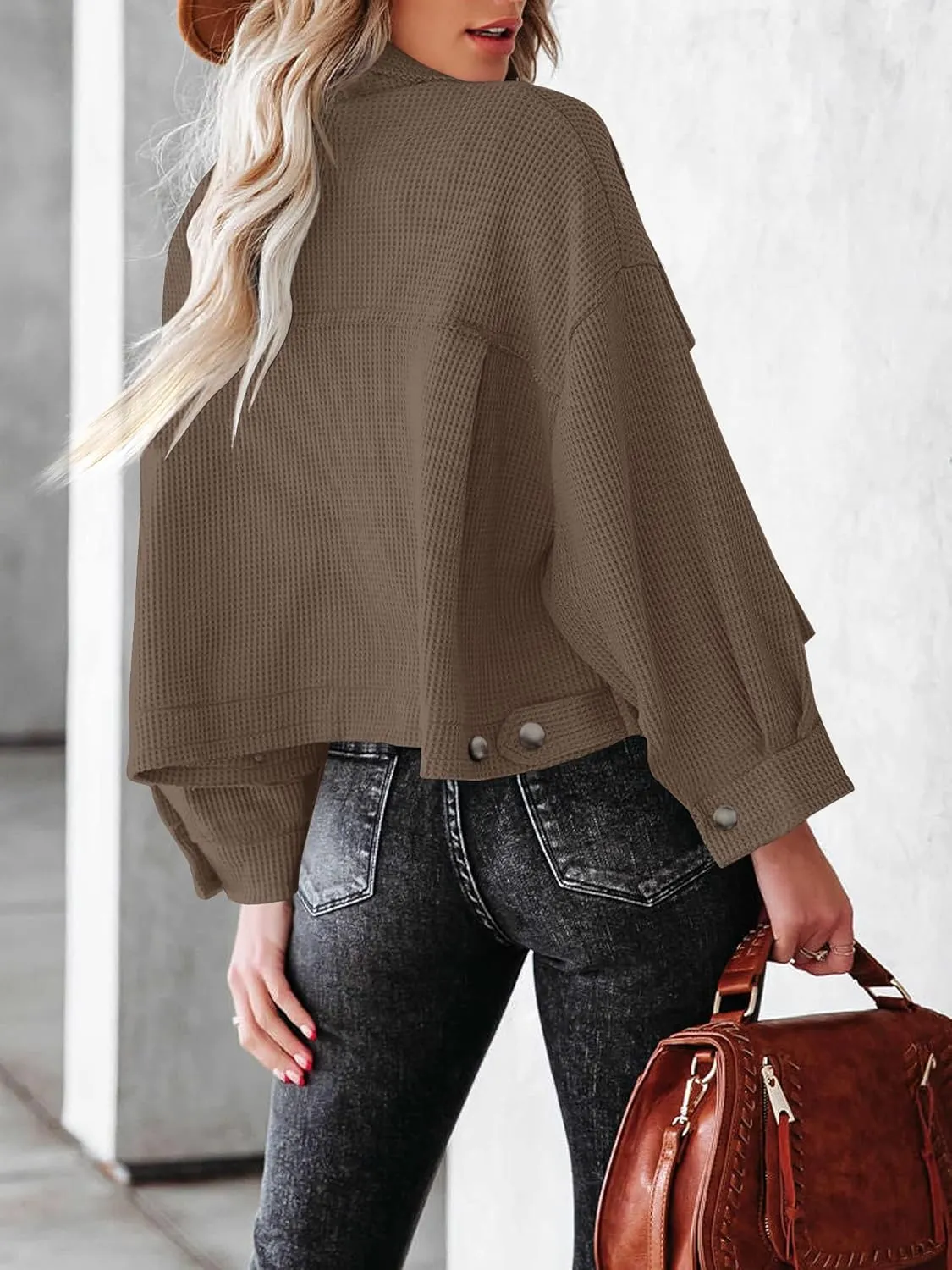 BZB Womens Waffle Knit Shacket Jackets Lightweight Cropped Shacket Long Sleeve Button Down Shirts