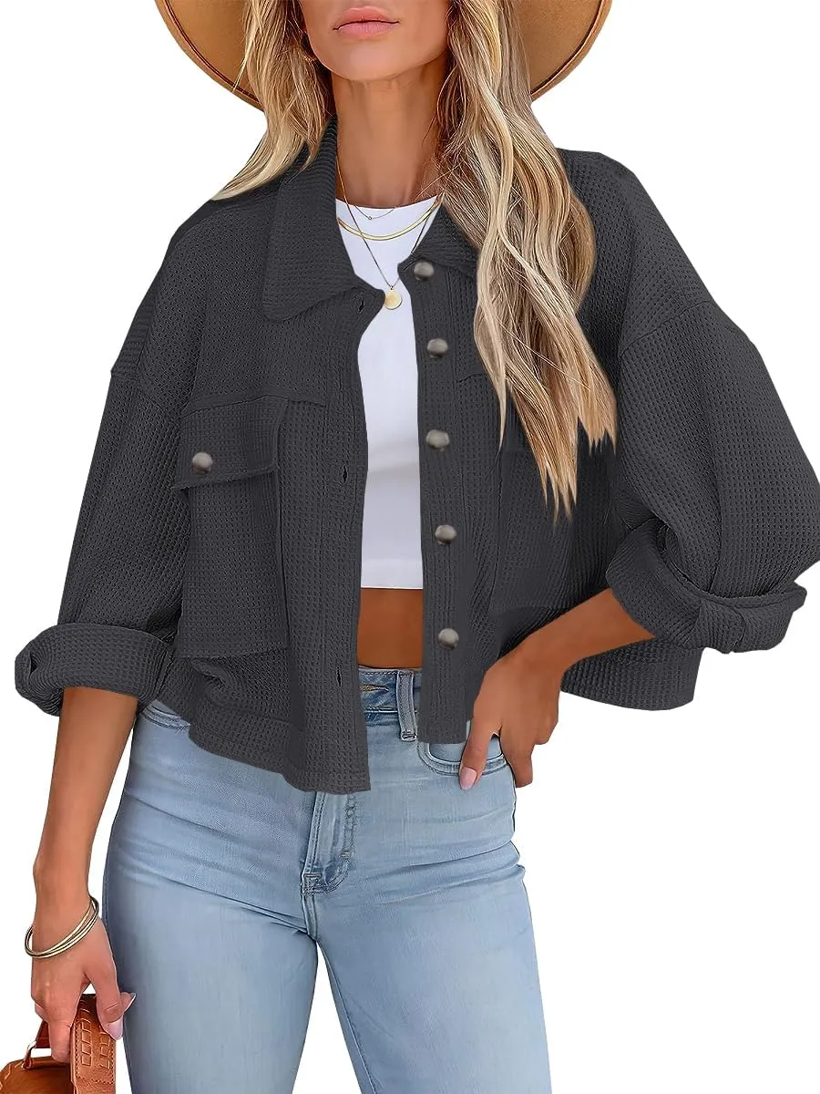 BZB Womens Waffle Knit Shacket Jackets Lightweight Cropped Shacket Long Sleeve Button Down Shirts