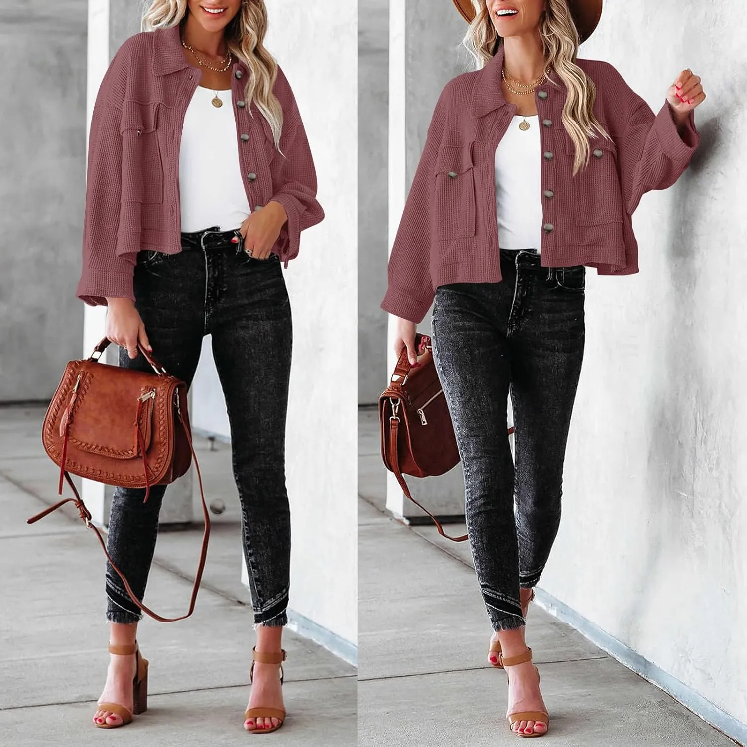 BZB Womens Waffle Knit Shacket Jackets Lightweight Cropped Shacket Long Sleeve Button Down Shirts