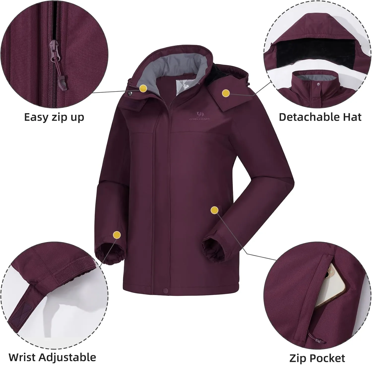 CAMEL CROWN Women's Ski Jacket Winter Snow Coat Warm Fleece Mountain Waterproof Female Jacket Snowboarding jackets