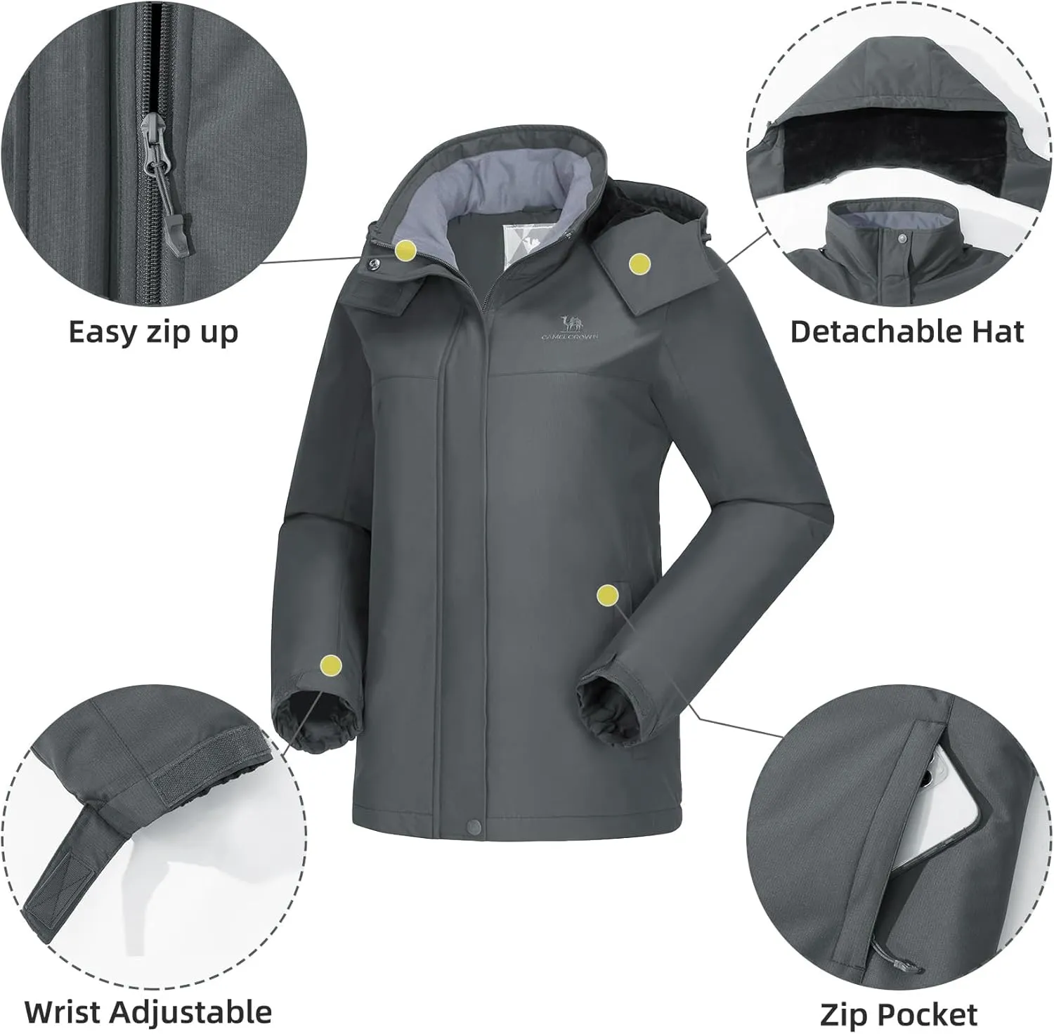 CAMEL CROWN Women's Ski Jacket Winter Snow Coat Warm Fleece Mountain Waterproof Female Jacket Snowboarding jackets