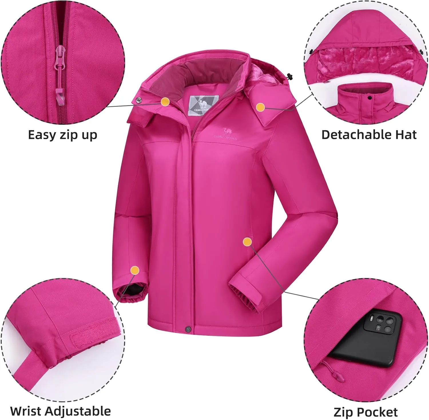 CAMEL CROWN Women's Ski Jacket Winter Snow Coat Warm Fleece Mountain Waterproof Female Jacket Snowboarding jackets