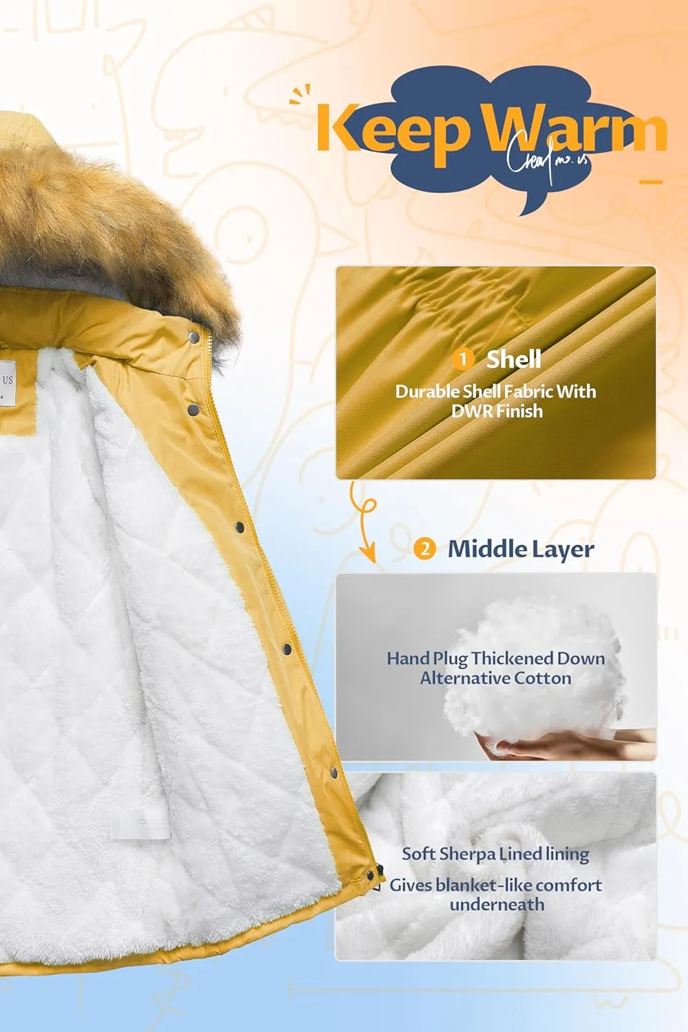 CREATMO US Girl's Sherpa Long Winter Coat Thicken Warm Parka Durable Waterproof Puffer Ski Jacket